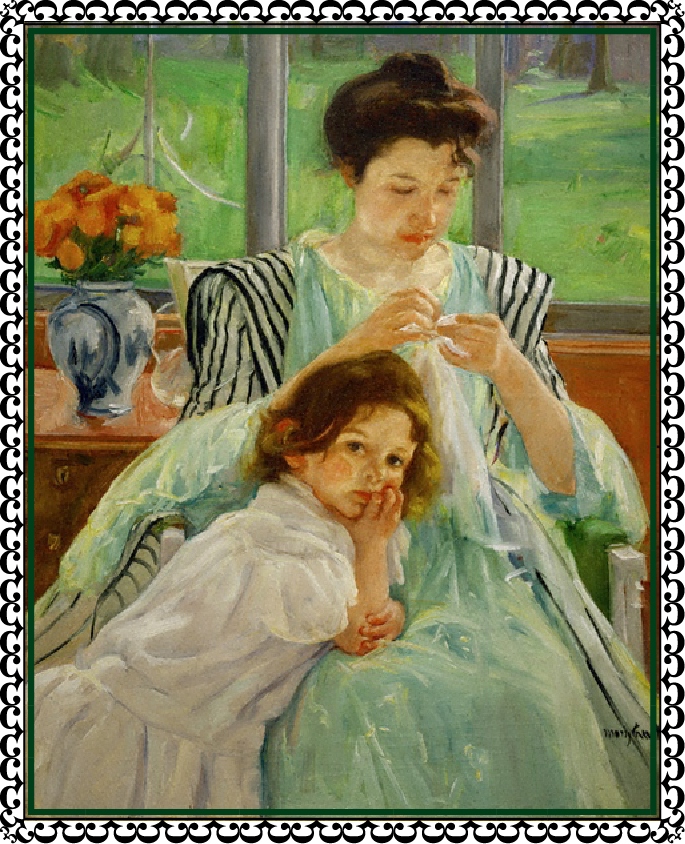 メアリー・カサットの大人のぬり絵 「縫い物をする若い母親」 ぬり絵リラックス（無料ぬり絵と世界の名画の美術館）