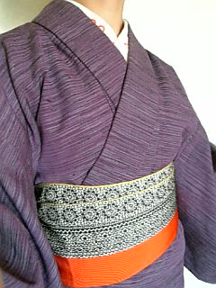 紫ウール・オレンジ半幅帯